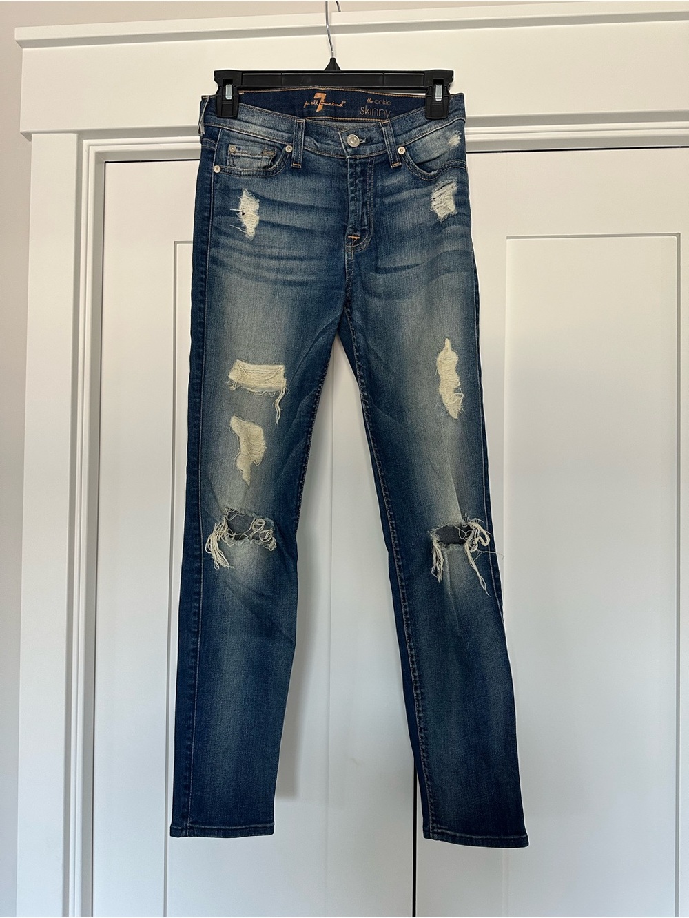 7 For All Mankind Distressed Dark Blue Skinny Jeans